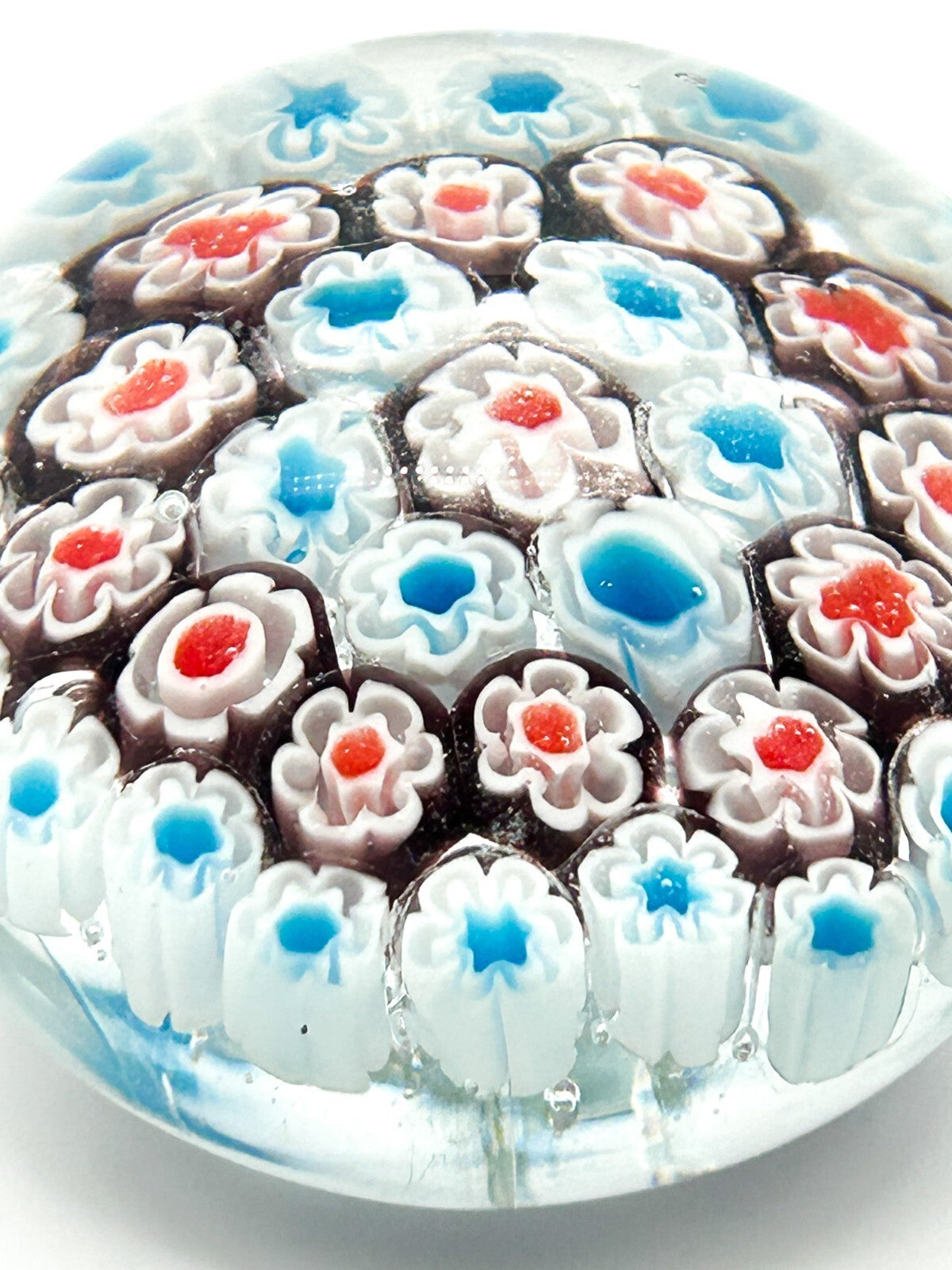 Vintage Millefiori Art Glass Paperweight Red White Blue Flower Floral Canes