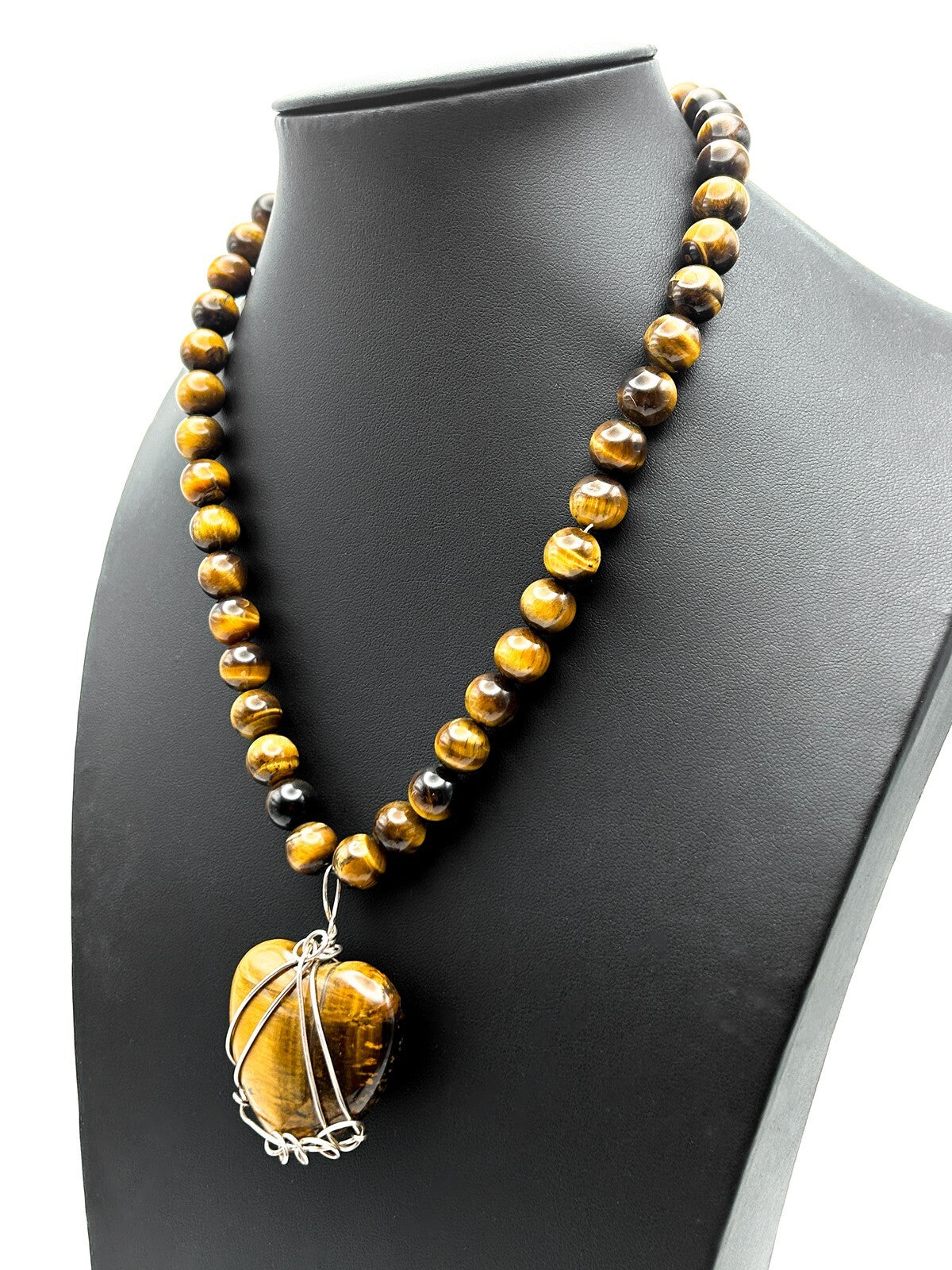 Tiger Eye Beaded Necklace Heart Pendant 925 Silver Clasp Wire Wrapped 17.5”