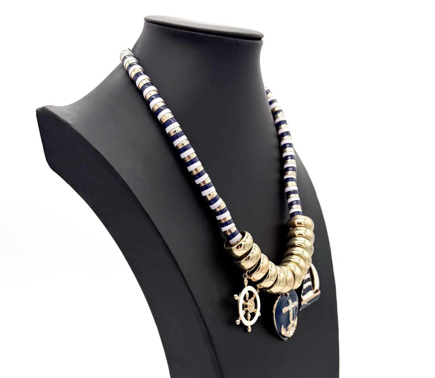 Y2K Nautical Charm Necklace Gold Tone Enamel Anchor Sailboat Statement Summer
