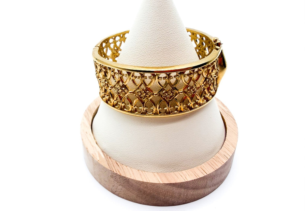 Past Times Gold Tone Bangle Filigree Openwork Hinged Bracelet Ornate