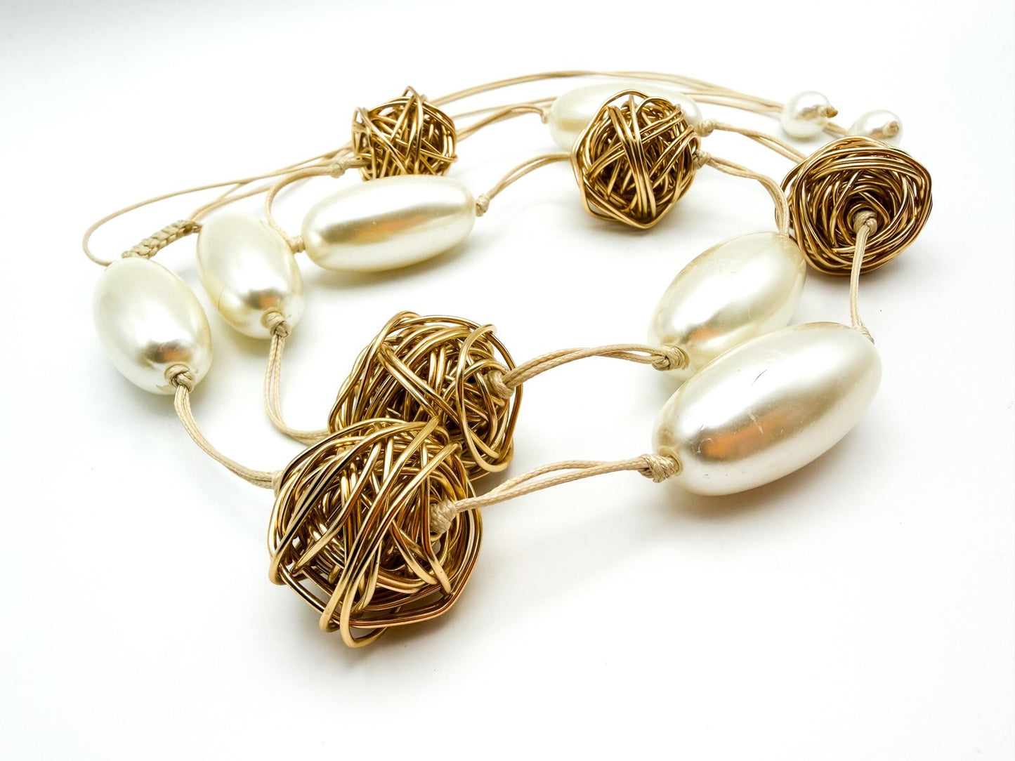 Chunky Oval Pearl & Gold Tone Hand-knotted Wire Wrapped Ball Adjustable Necklace