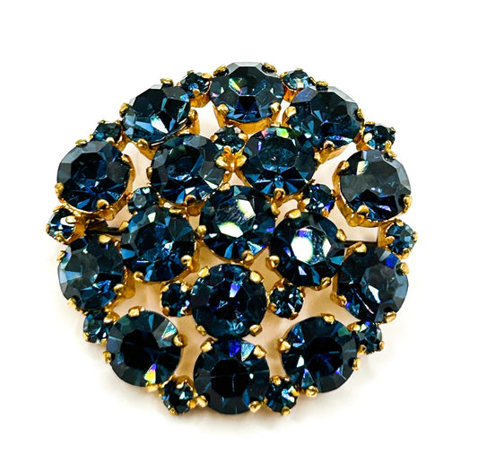 Antique Art Deco Blue Glass Rhinestone Domed Cluster Brooch C Clasp 1920s 30s