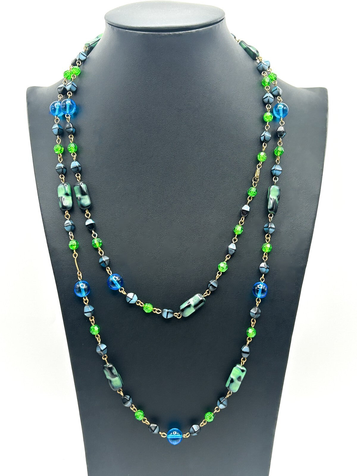Vintage Blue and Green Glass and Acrylic Long Beaded Necklace