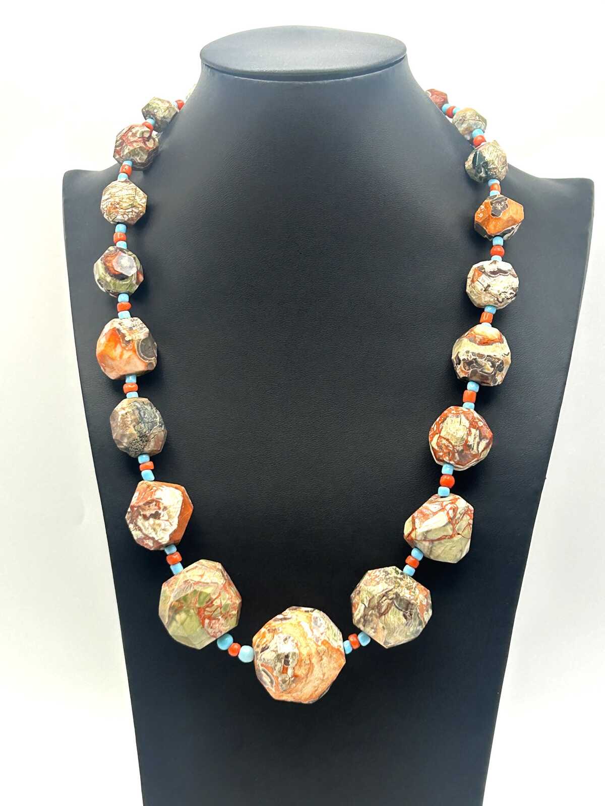 Graduated Raw & Faceted Jasper Statement Necklace with Blue and Red Glass Spacer