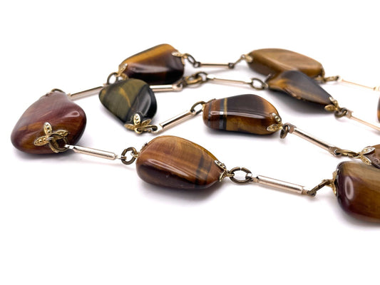 Vintage Chunky Tiger’s Eye Semi Precious Gold Tone Gemstone Necklace