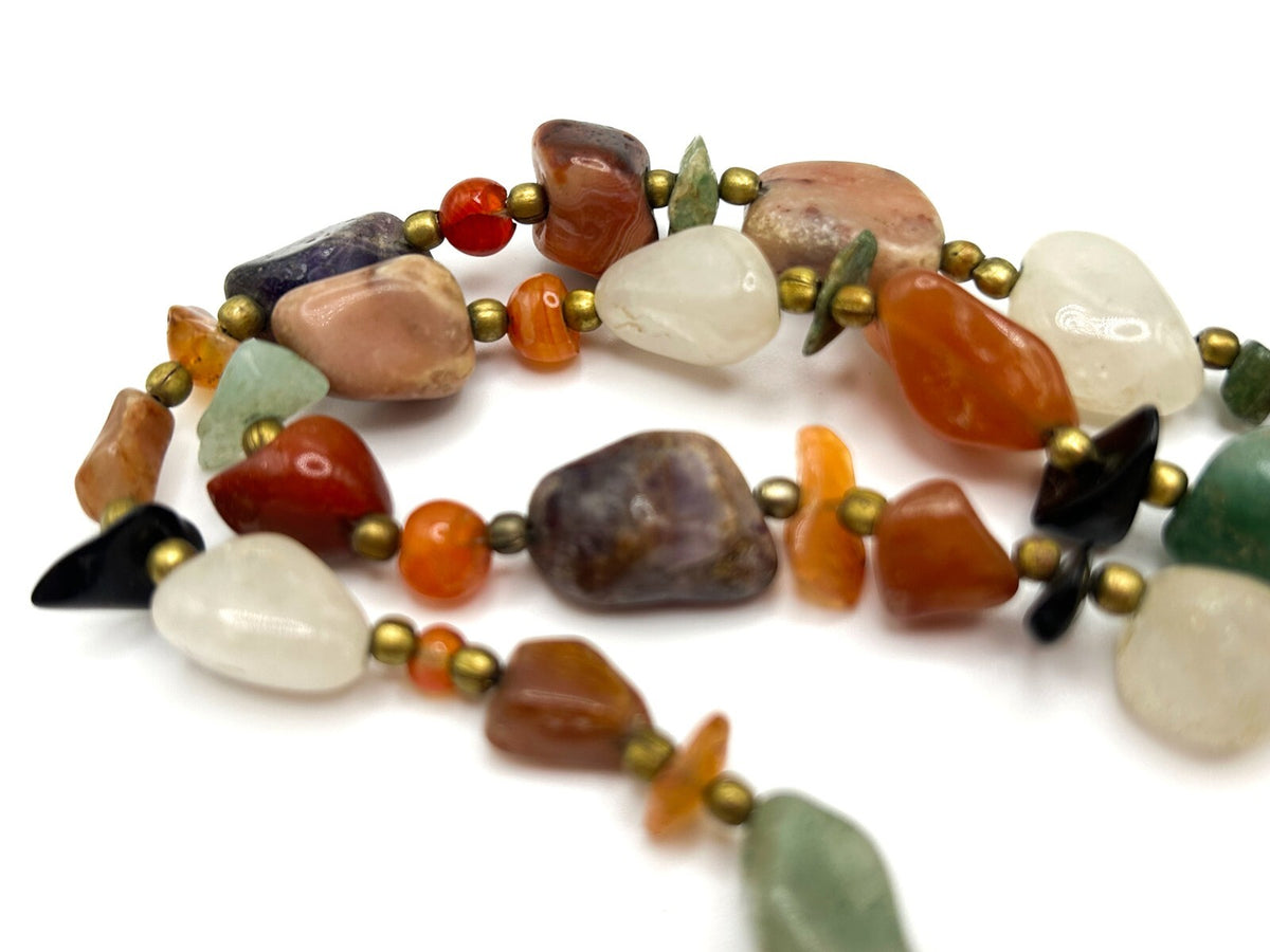 Mixed Semi Precious Gemstone Vintage Necklace - Boho Agate Beggar Beads Multi