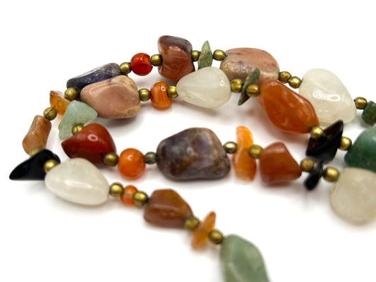 Mixed Semi Precious Gemstone Vintage Necklace - Boho Agate Beggar Beads Multi