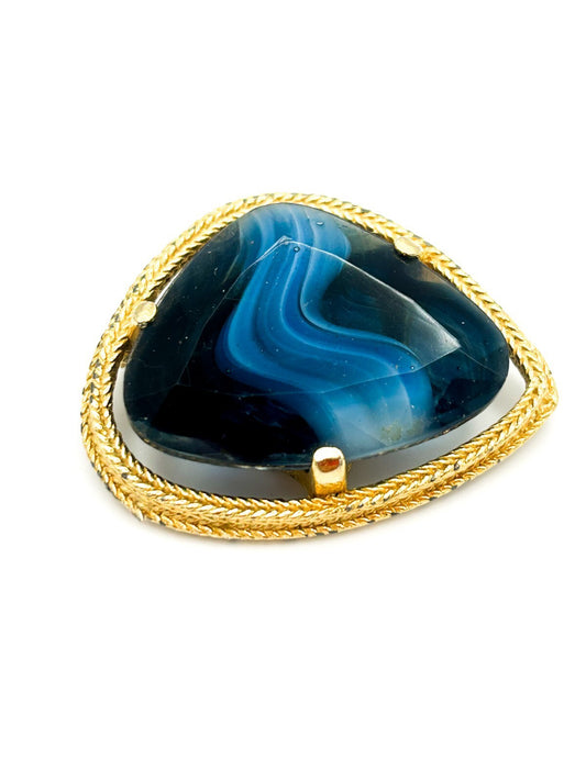 Vintage Blue Slag Glass Brooch with Gold Tone Rope Twist Frame