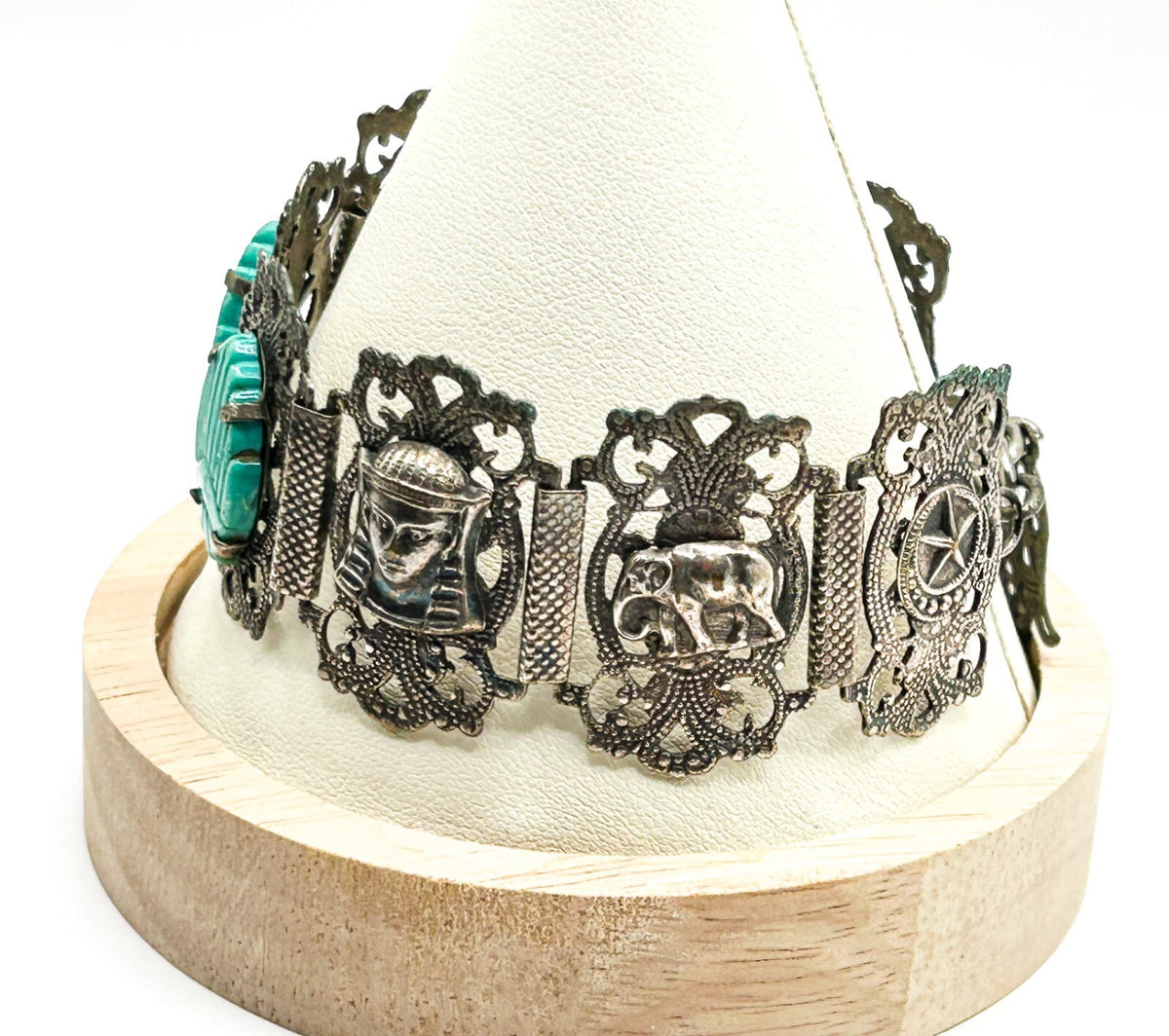 Vintage Egyptian Revival Pharaoh Scarab Panel Bracelet Turquoise Hamsa Tourist