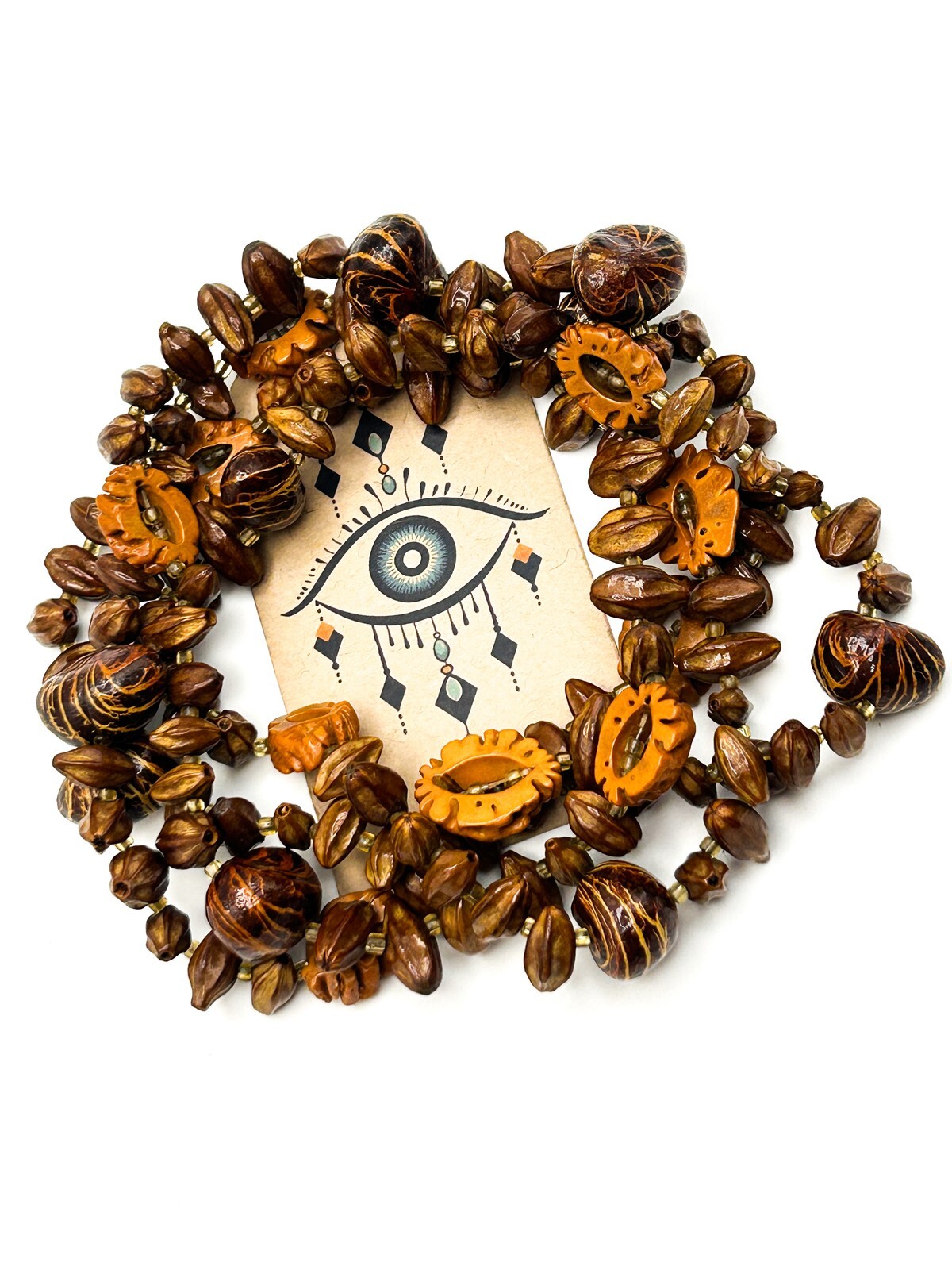 Faux Walnut & Seed Bead Necklace – 24” Vintage