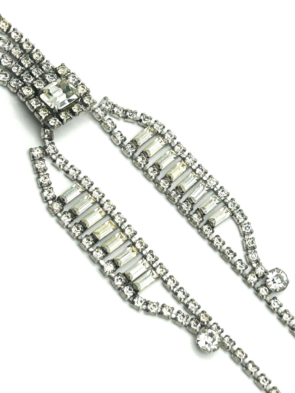 Vintage Rhinestone Waterfall Necklace Baguette Statement Tassel Drop 16”