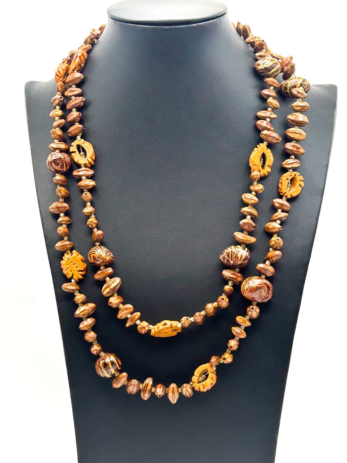 Faux Walnut & Seed Bead Necklace – 24” Vintage