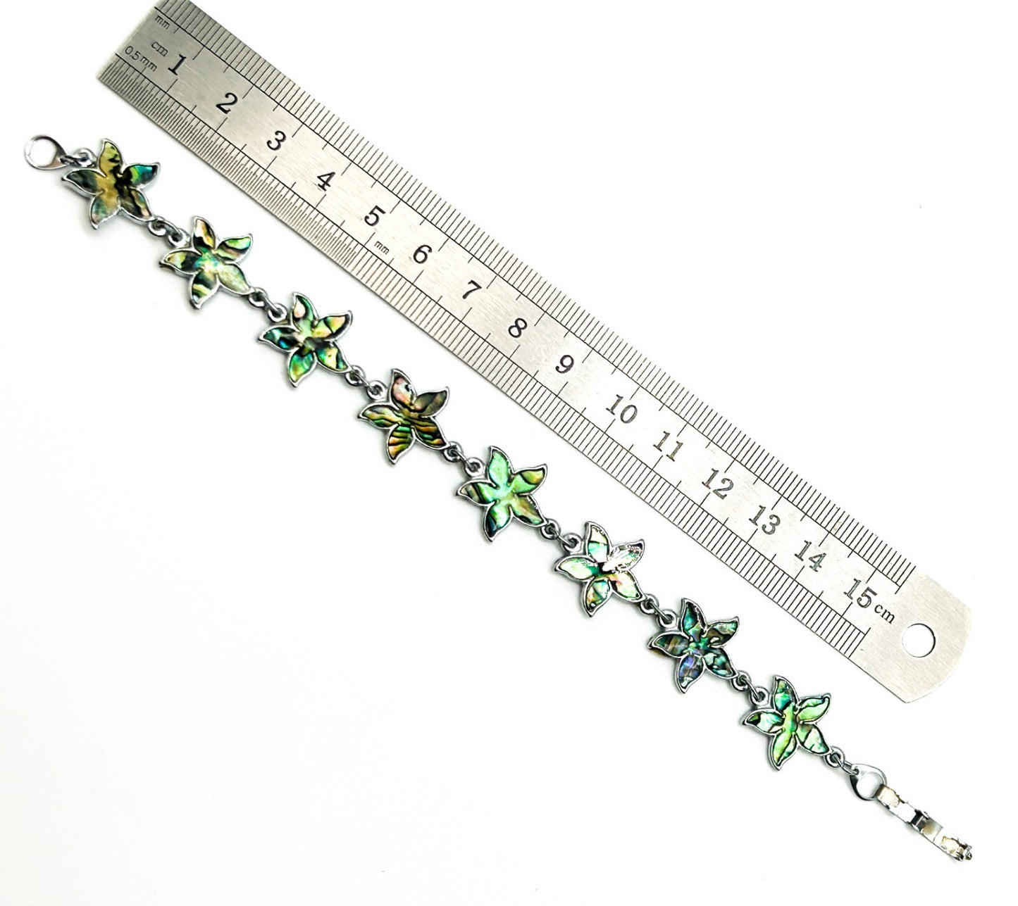 Abalone Shell Flower Bracelet Silver Tone Floral Link Bracelet 6.5”