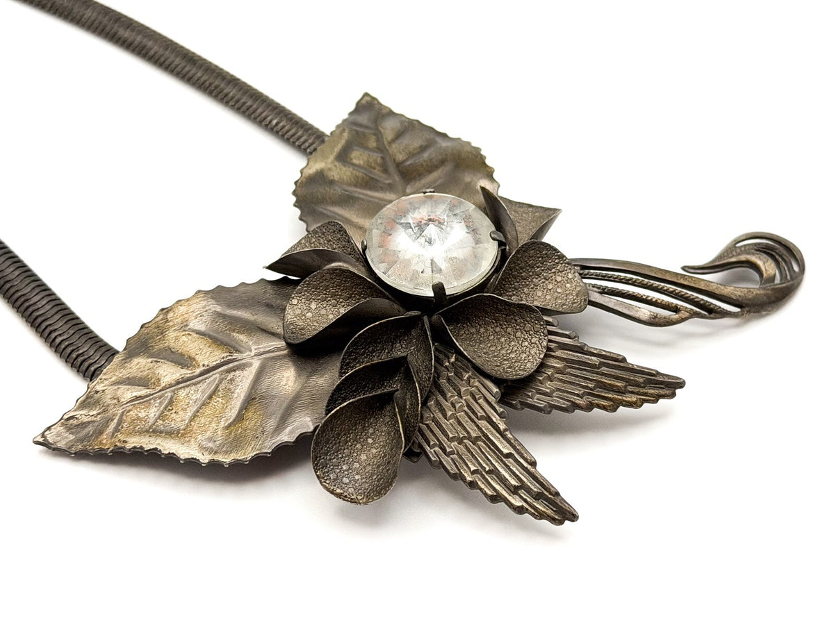 Art Nouveau Style Floral Leaf Statement Necklace with Swirl & Rhinestone Detail