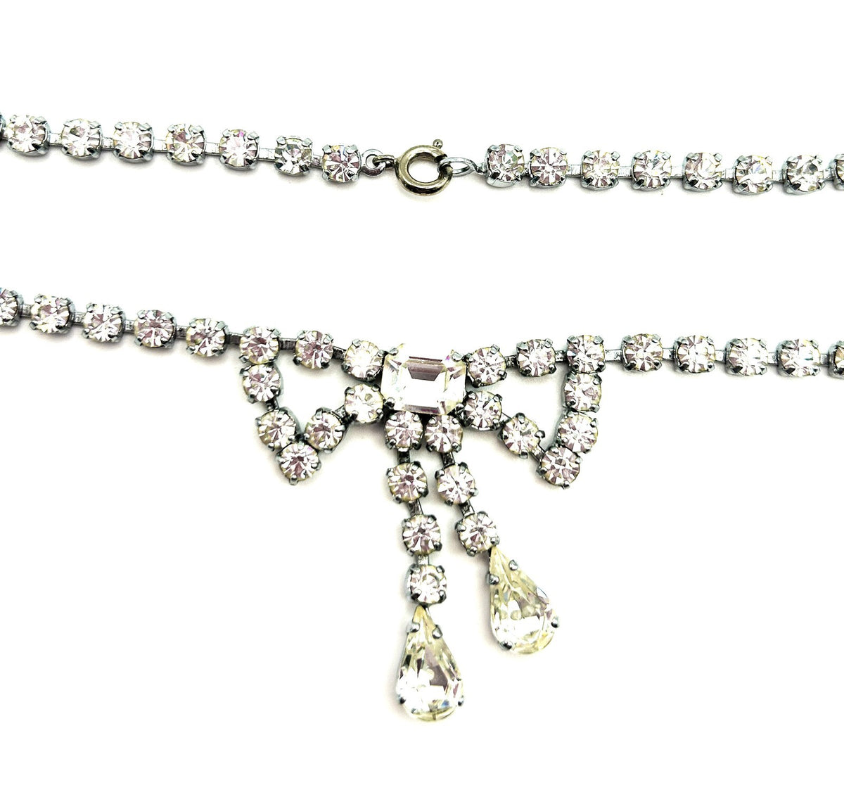 Vintage Rhinestone Bow Necklace Silver Tone Teardrop Dangle Bridal Prom