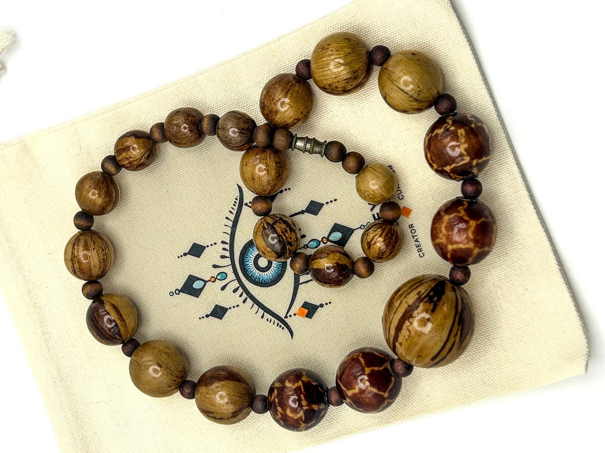 Graduated Wood Beaded Necklace - Wood Grain Detail - Warm Natural Tones