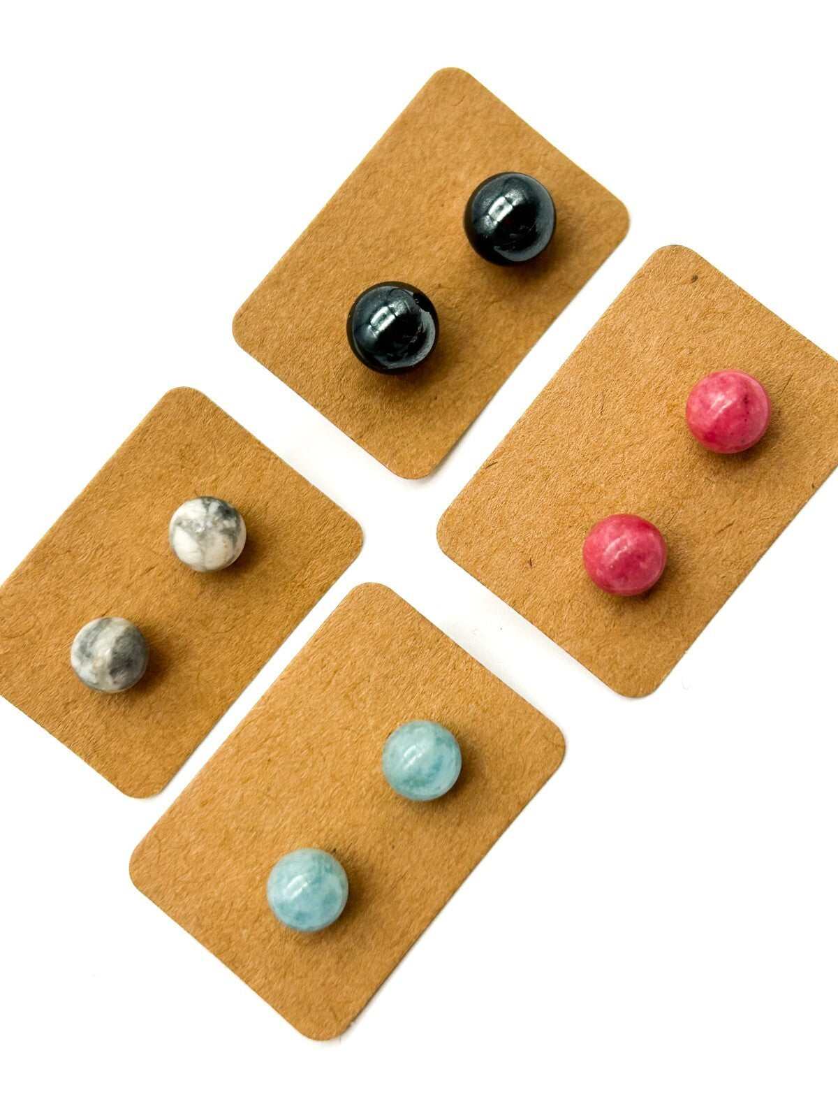 Set of 4 Pairs Semi-Precious Gemstone Stud Earrings 925 Sterling & 14TK Markings