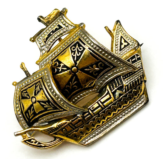 Damascene Ship Brooch Vintage Gold Tone Spanish Toledo Style Sailing Boat Pin