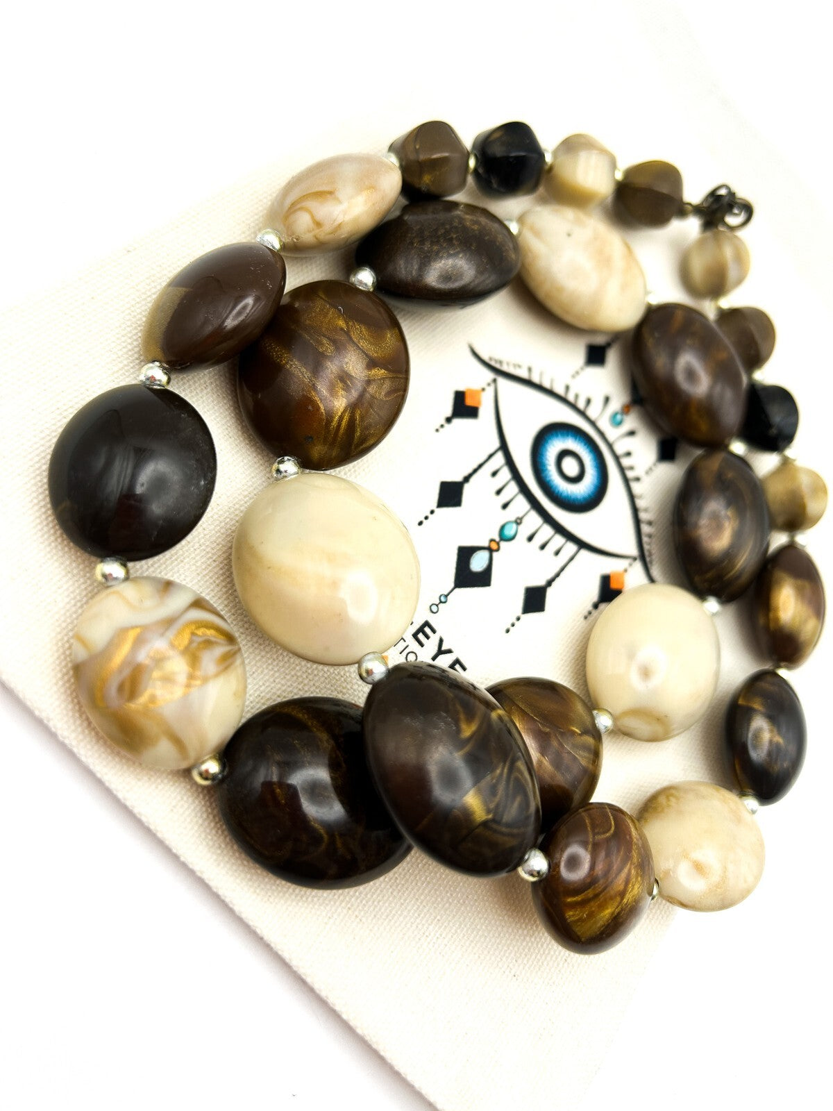Vintage Brown Marbled Acrylic Bead Necklace Cream Caramel Chunky 70s Style 26.5”