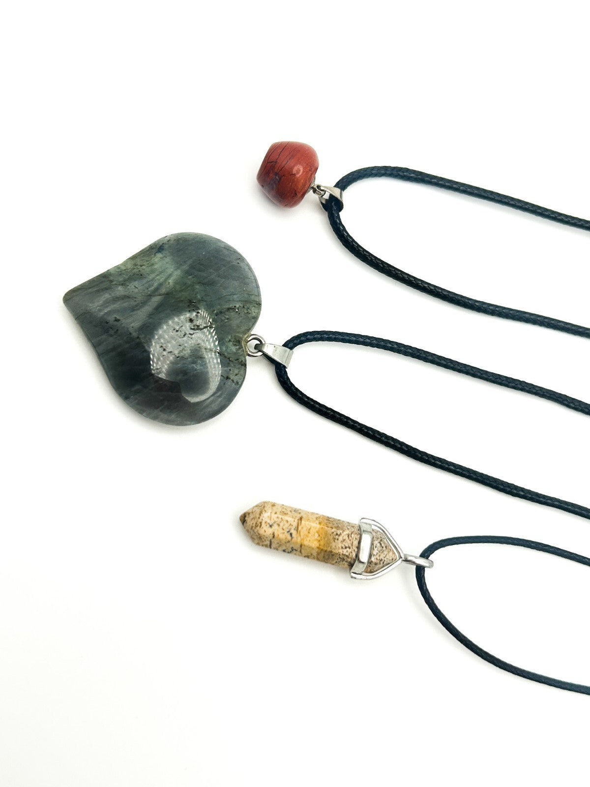 Gemstone Pendant Cord Necklace Bundle – Labradorite Heart, Picture Jasper Point