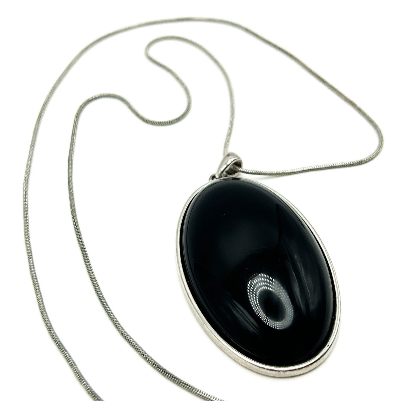 Black Cabochon Pendant Necklace Silver Tone Oval Statement Necklace