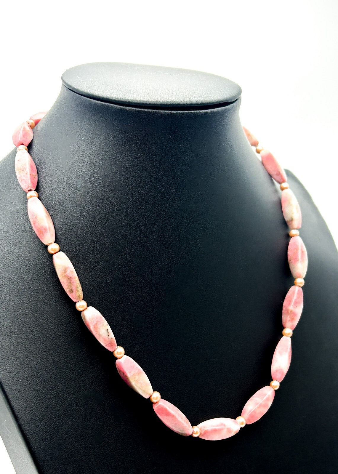 Rhodonite Gemstone Beaded Necklace Pink Oval Beads Faux Pearl Spacers 18”