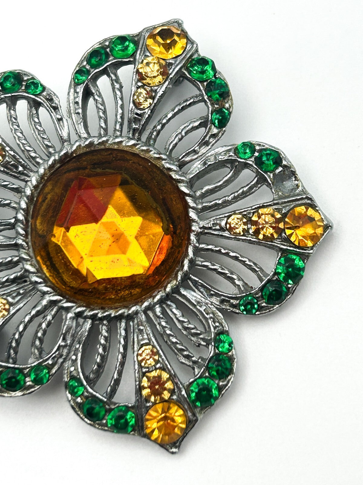 Vintage 1940s Rhinestone Flower Brooch Amber Green Glass Silver Tone
