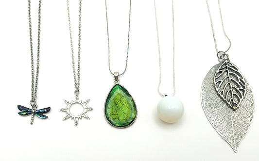 Silver Tone Pendant Necklace Bundle Dragonfly Sun Leaf Gemstone x5
