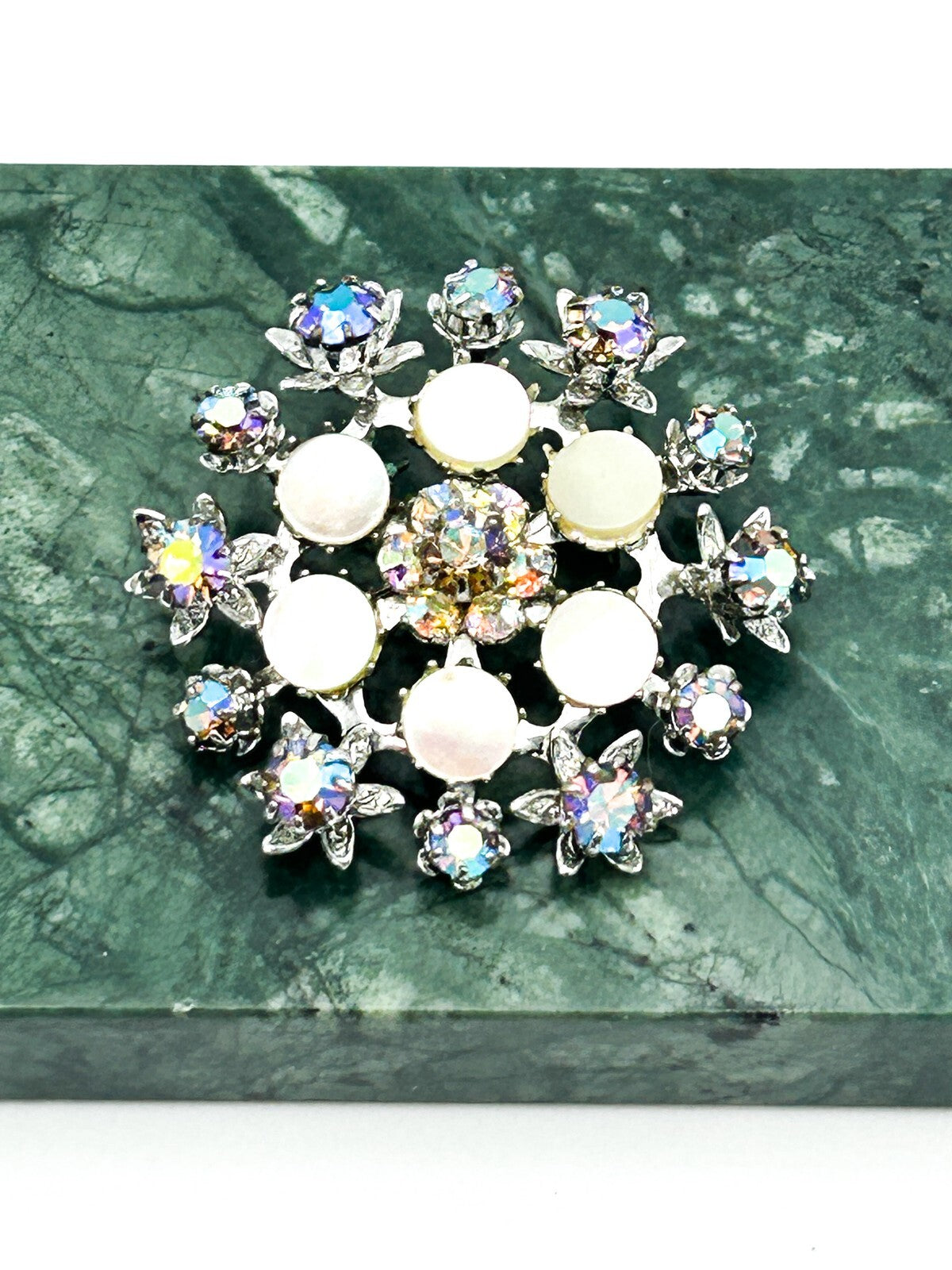 AB Rhinestone Cluster Brooch Mother of Pearl Silver Tone Pin
