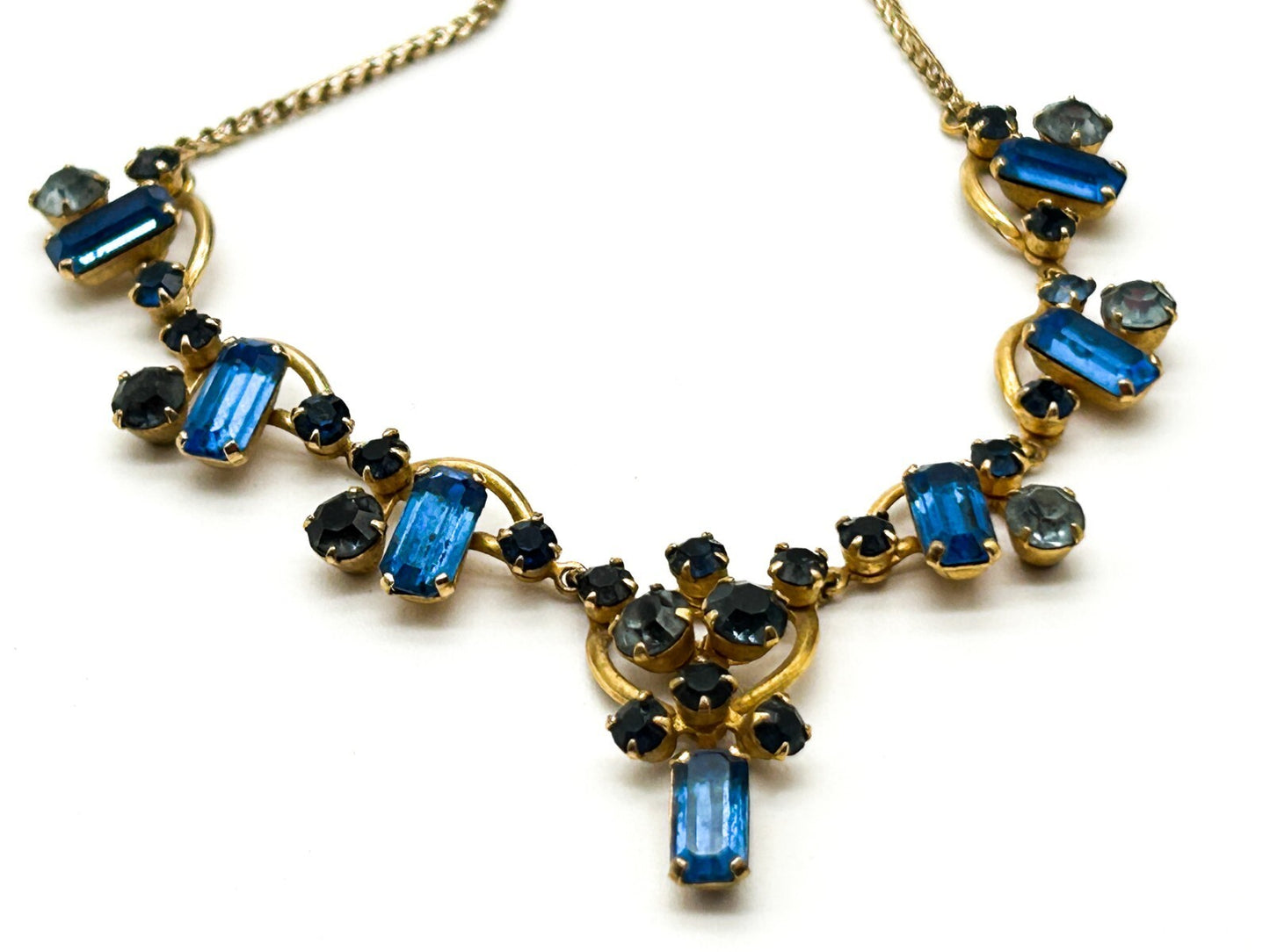 Vintage Blue Rhinestone Necklace Gold Tone Baguette Crystal Statement 1930s-50s