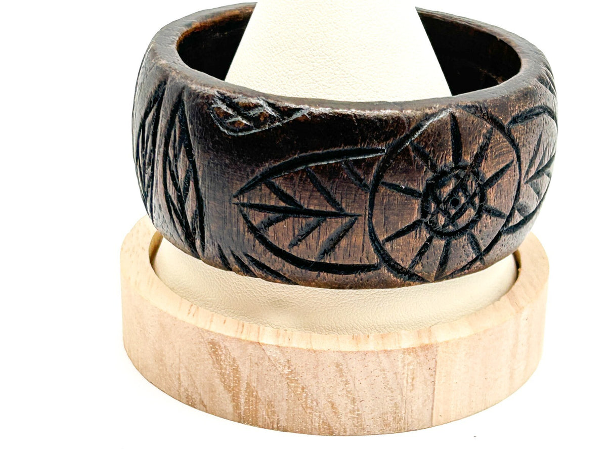 Vintage Carved Dark Wood Floral Chunky Bangle Bracelet 6.5cm Boho Natural