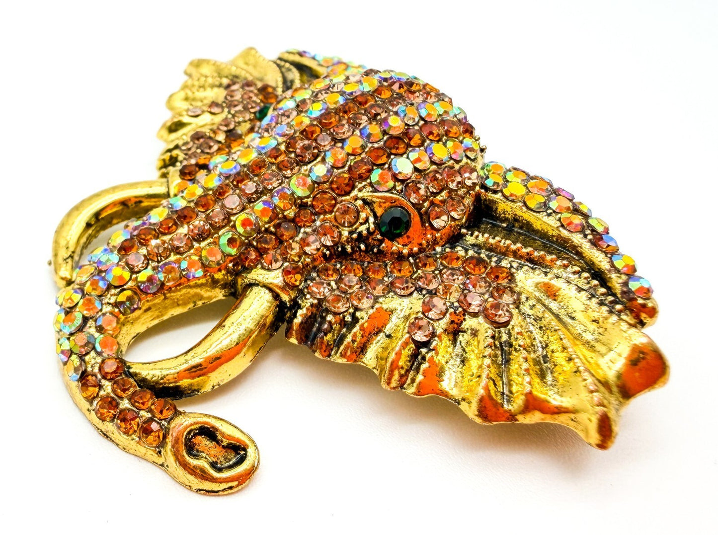 Vintage Elephant Head Brooch Gold Tone AB Orange Peach Rhinestones Green Eye