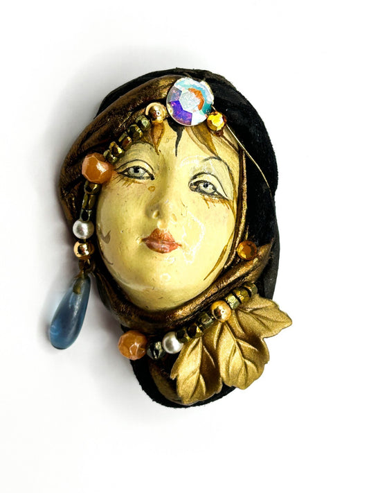 Vintage Lady Portrait Brooch Porcelain Face Mixed Media Figural 5cm Jewel Turban