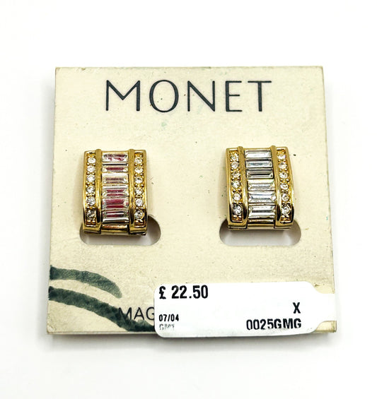 Vintage Monet Gold Tone Baguette Rhinestone Magnetic Earrings Original Card