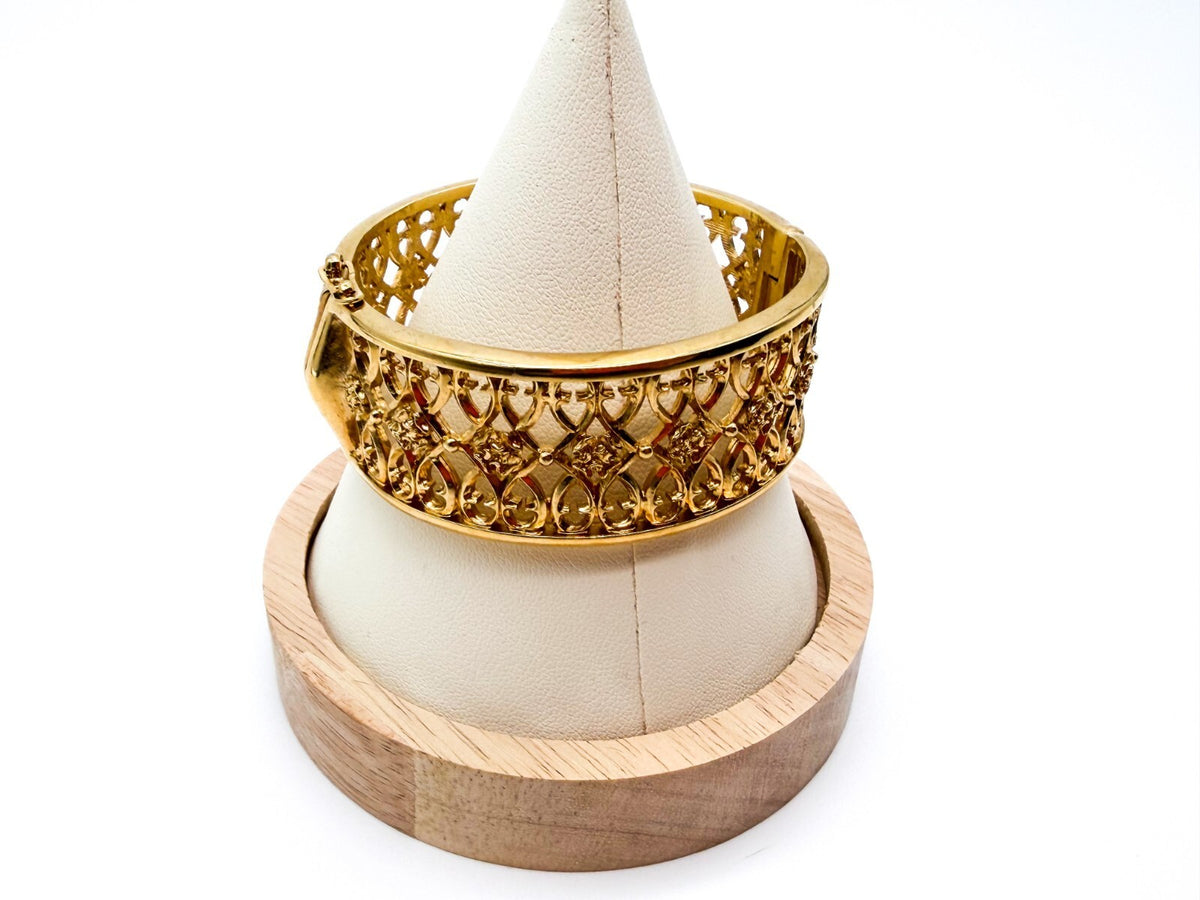 Past Times Gold Tone Bangle Filigree Openwork Hinged Bracelet Ornate