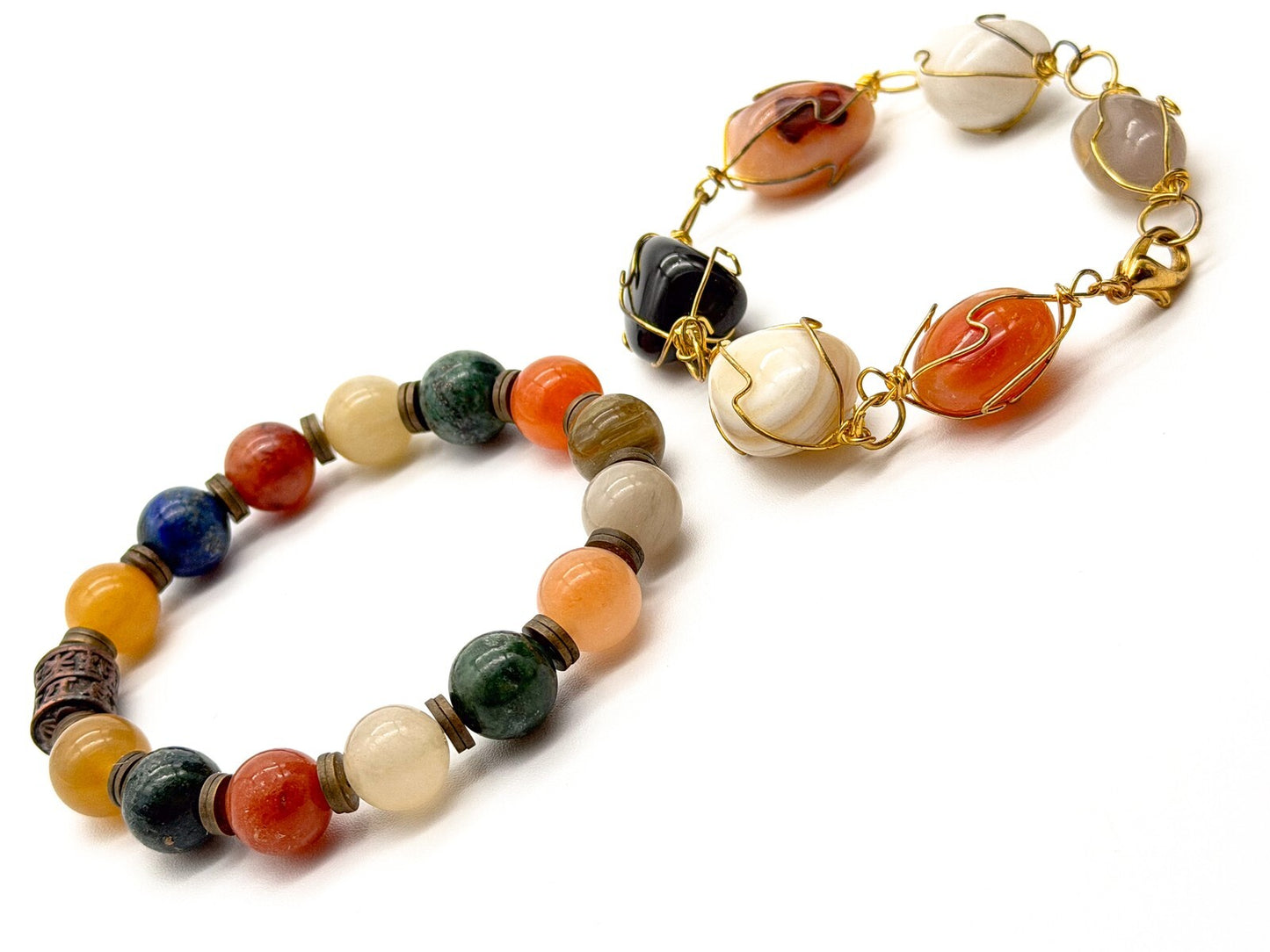 Carnelian Agate Citrine Gemstone Bracelet Duo – Wire Wrapped & Stretch Set