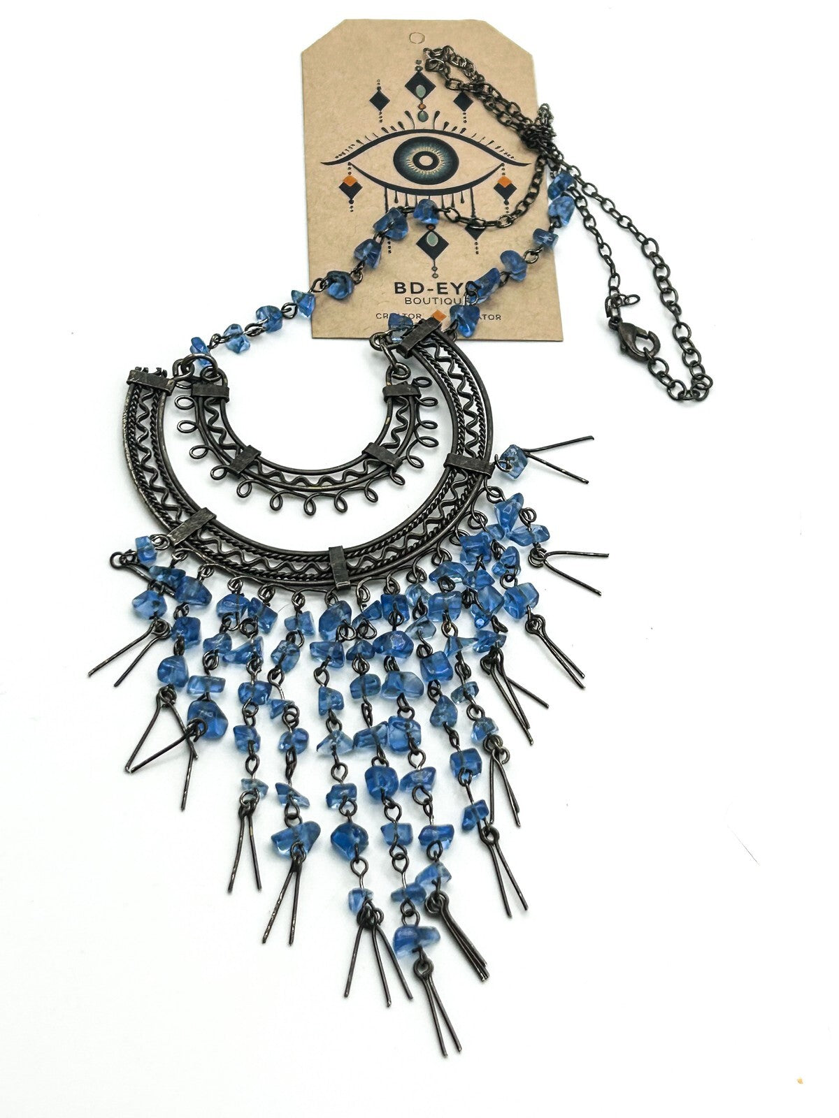 Gunmetal Chain Tassel Necklace with Blue Glass Chips – 20.5in