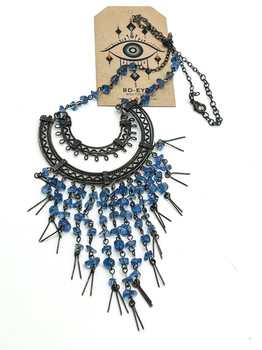 Gunmetal Chain Tassel Necklace with Blue Glass Chips – 20.5in