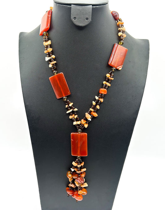 Asymmetrical Vintage Carnelian Pendant Gemstone Chip Tassel Necklace - Orange