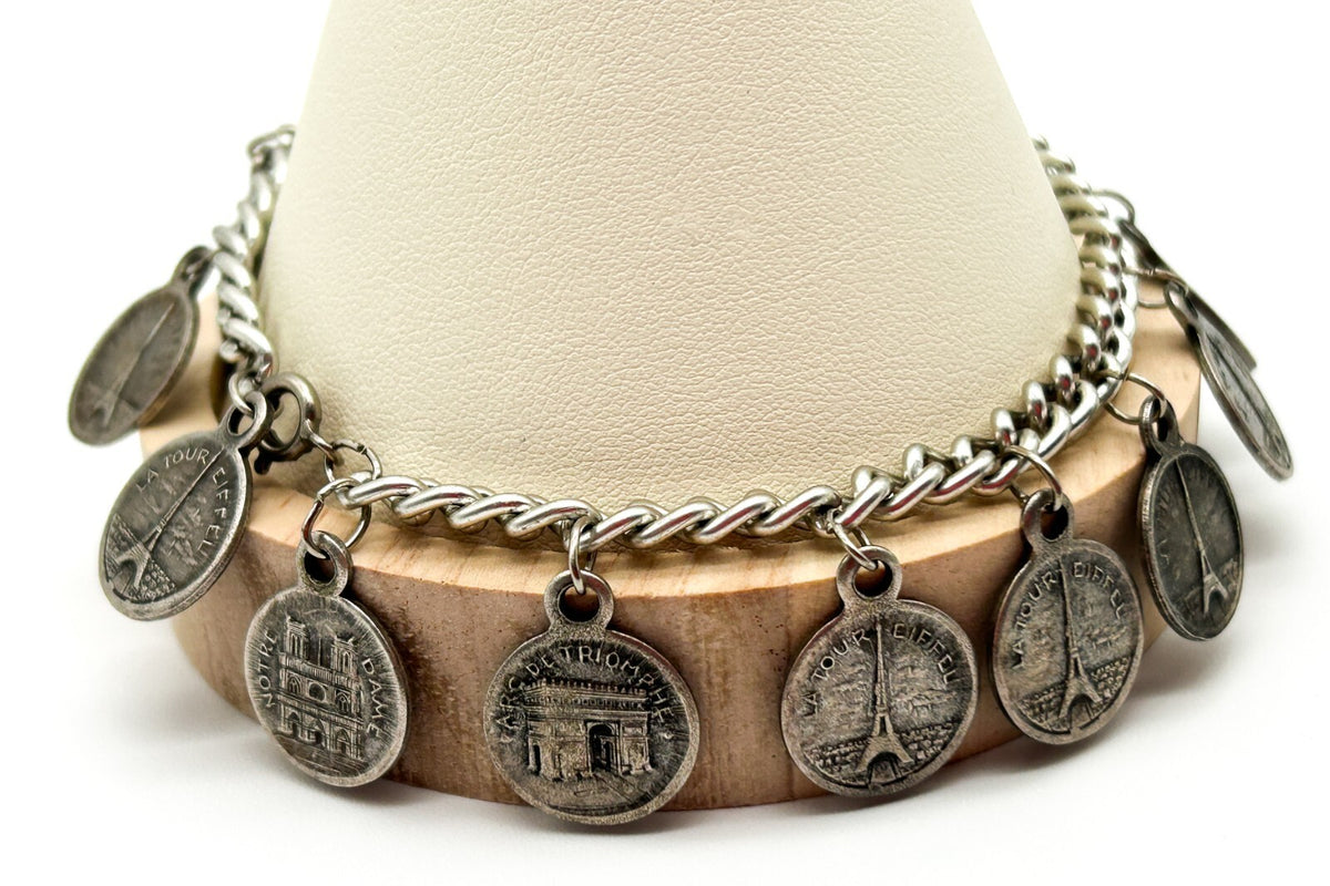 Vintage Paris Souvenir Coin Charm Bracelet with Eiffel Tower & Notre Dame Charms