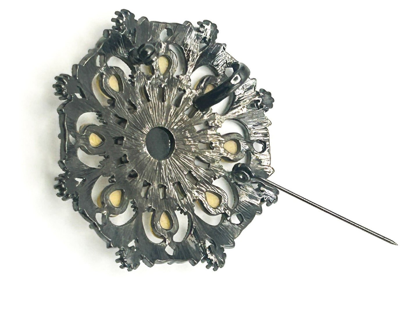 Ornate Gunmetal Floral Rhinestone Vintage Brooch with Lemon Cabochons – 6cm