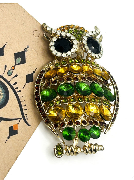Owl Brooch Gold Tone Green Amber Rhinestone Animal Pin