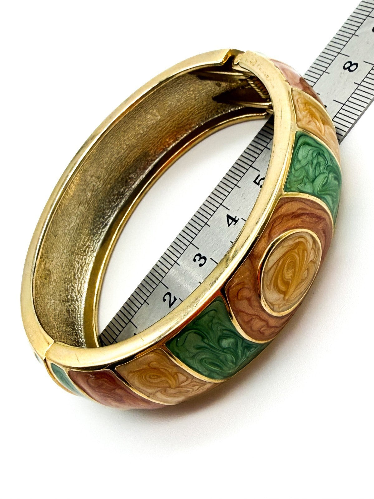 Y2K Enamel Stripe Hinged Bangle Bracelet in Green, Peach & Champagne Gold Tone
