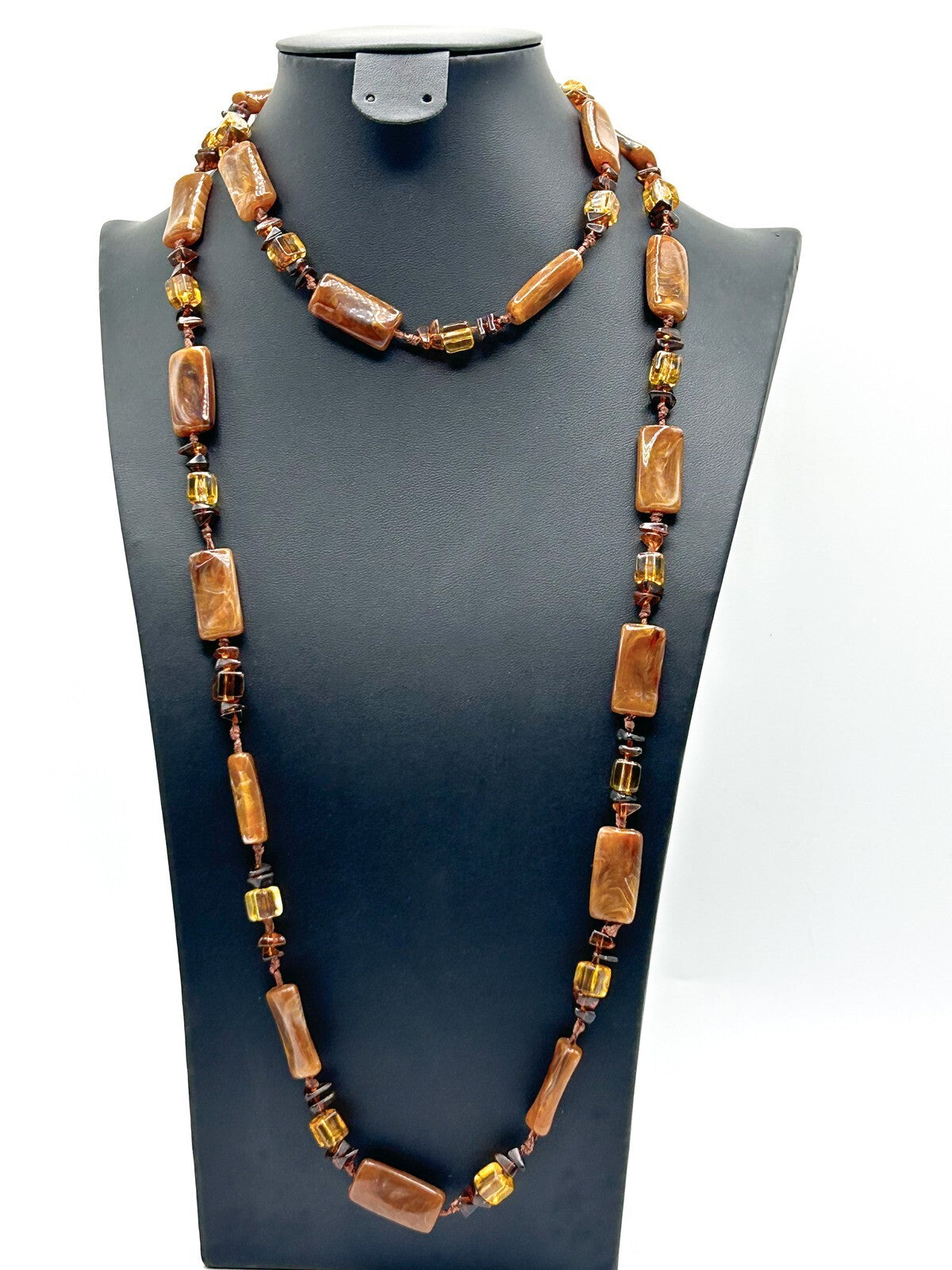 Vintage Toffee Swirl Long Bead Necklace – 46in / 51g