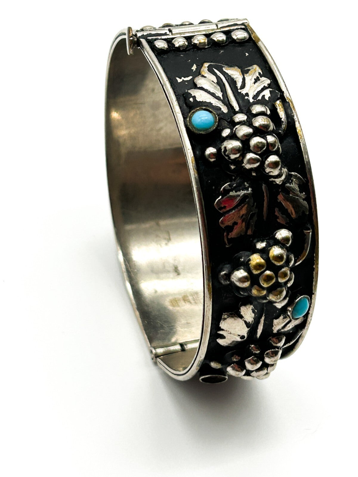 Vintage Silver Plated Grapevine Cuff Bracelet Black Japanned Bacchus Bangle