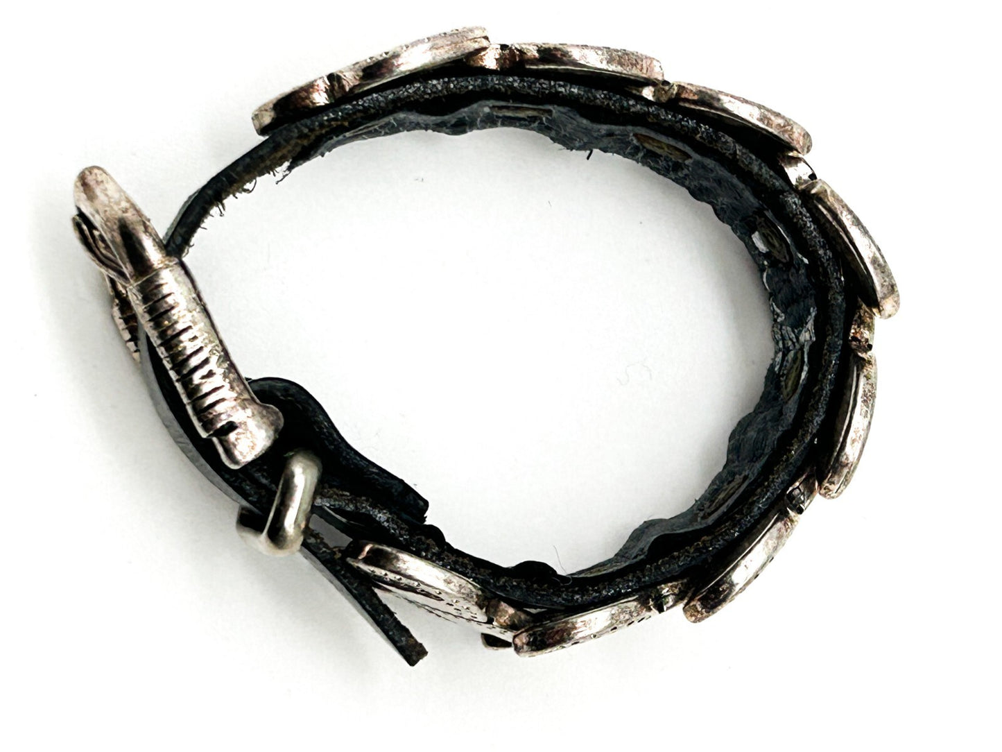 Industrial Silver Tone Cuff Bracelet Black Faux Leather Studded Strap Buckle