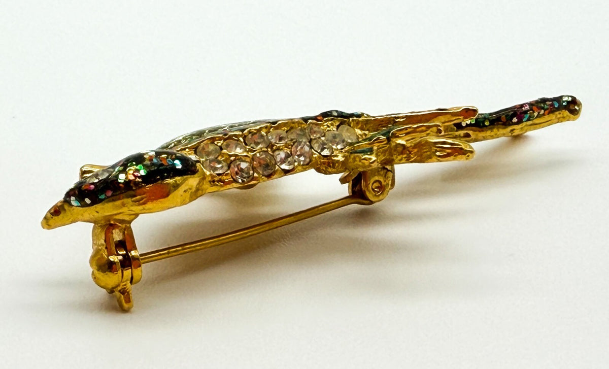 Vintage Gold Tone Bird Brooch Green Glitter Resin Rhinestone Branch Pin