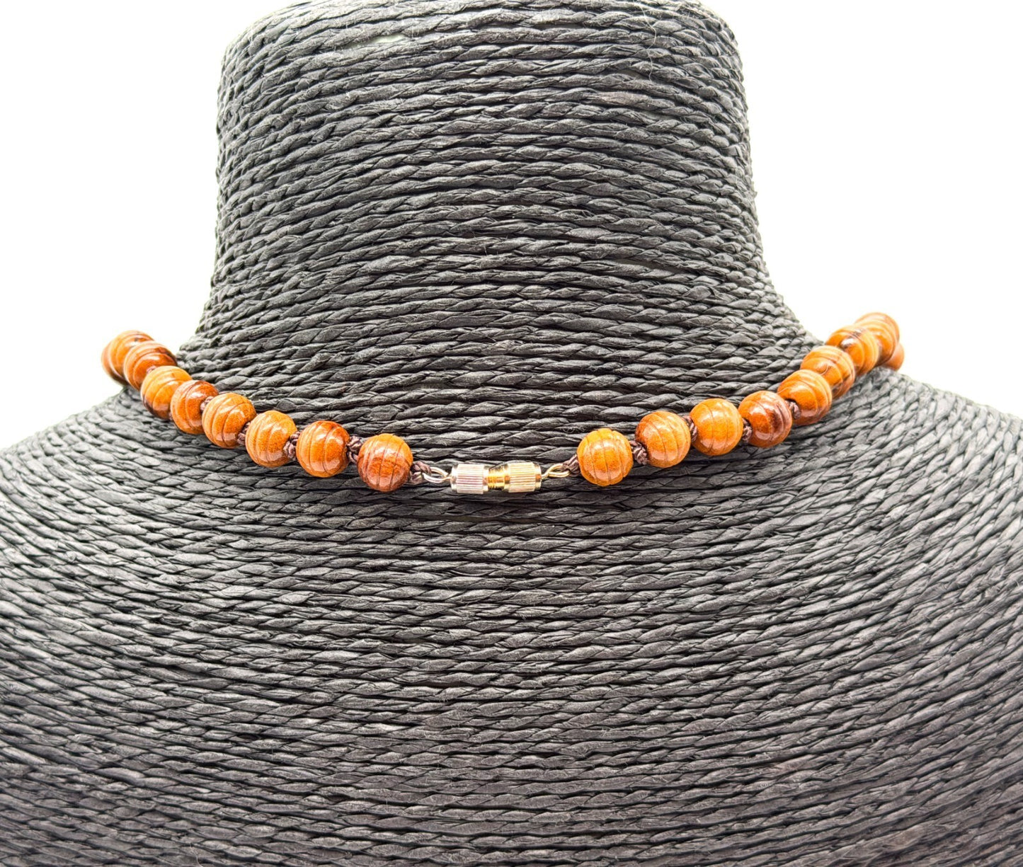 Vintage Faux Wood Acrylic Beaded Necklace Hand Knotted Boho Retro Jewellery