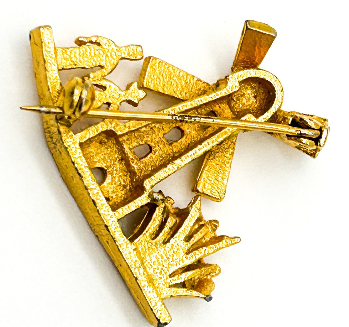 Vintage Gold Tone Dutch Windmill Scene Brooch Flowers Couple