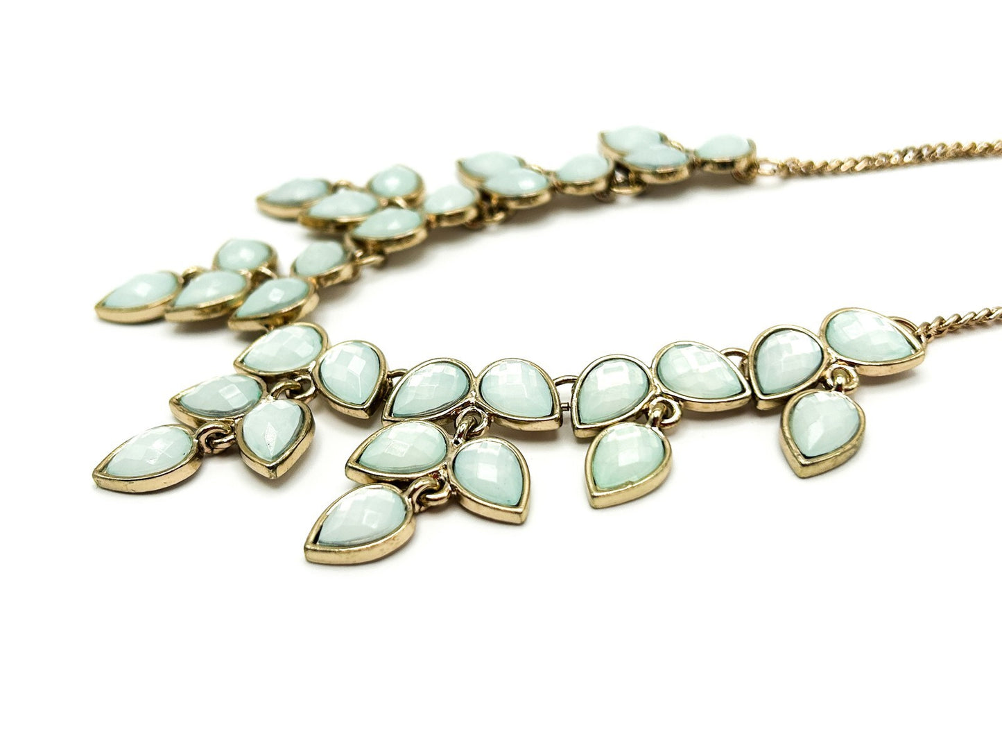 Accessorize Gold Tone Necklace Pale Blue White Teardrop Statement Fringe 15.5”